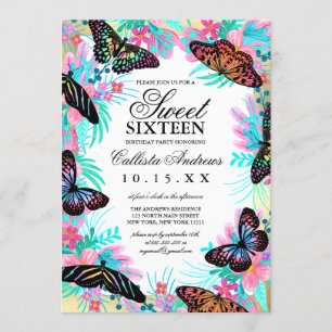 Girly Butterfly Flowers verlaat Waterverf Sweet 16 Kaart