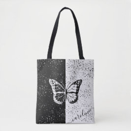 Girly Butterfly Zwart & Wit Elegant Custom Name Tote Bag