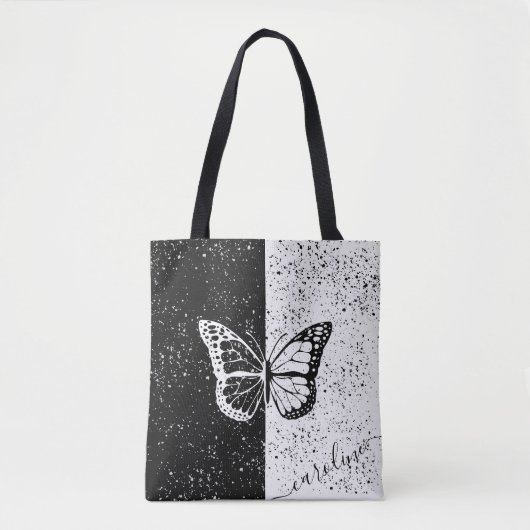 Girly Butterfly Zwart & Wit Elegant Custom Name Tote Bag (Voorkant)