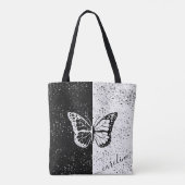 Girly Butterfly Zwart & Wit Elegant Custom Name Tote Bag (Achterkant)