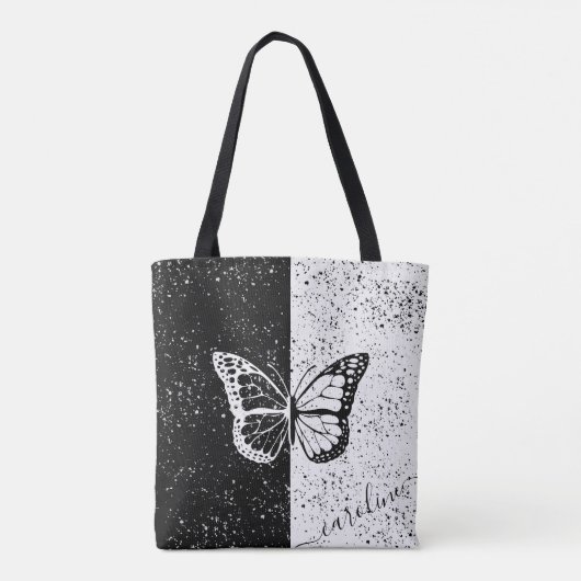 Girly Butterfly Zwart & Wit Elegant Custom Name Tote Bag (Achterkant)