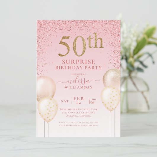 Girly Calligraphy Glitter Surprise 50th Birthday I Kaart (Staand voorkant)