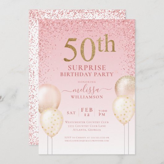 Girly Calligraphy Glitter Surprise 50th Birthday I Kaart (Voorkant / Achterkant)