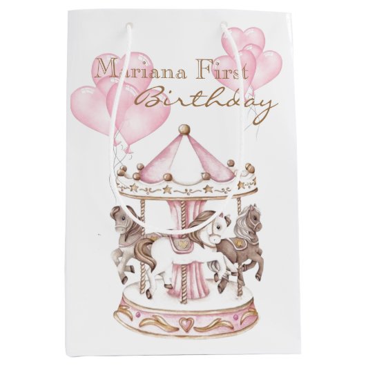 Girly Carousel Roze Eenhoorn Eerste Verjaardag Medium Cadeauzakje (Voorkant)