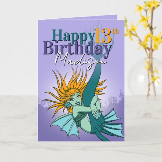 Girly Cartoon Zeemeermin Paarse Groen 13e Verjaard Kaart (Gele Bloem)