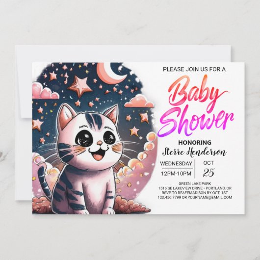 Girly Cat Digitaal Baby shower Kaart (Voorkant)