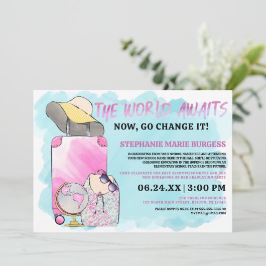 Girly Change the World Waterverf Photo Afstuderen Kaart (Staand voorkant)