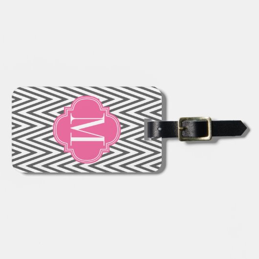 Girly Charcoal and Pink Chevron Stripes Custom Bagagelabel (Voorkant horizontaal)