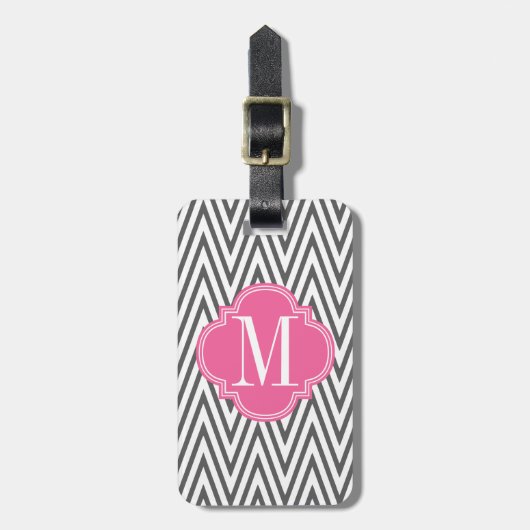 Girly Charcoal and Pink Chevron Stripes Custom Bagagelabel (Voorkant verticaal)