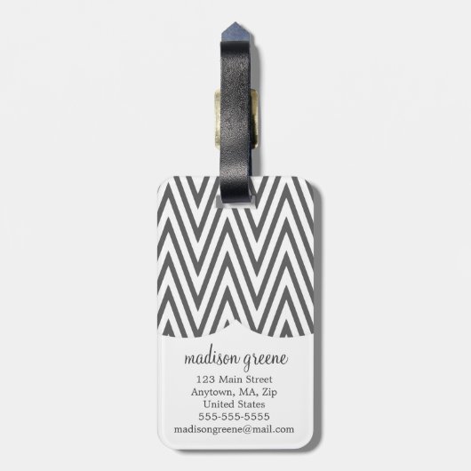 Girly Charcoal and Pink Chevron Stripes Custom Bagagelabel (Achterkant verticaal)