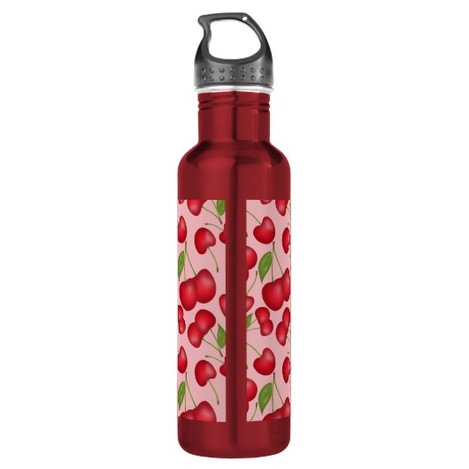 Girly Cherries patroon roze met persoonlijke naam Waterfles (Achterkant)