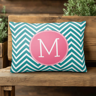 Girly Chevron Pattern met monogram - Roze Blauwgro Accent Kussen