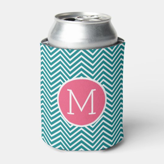Girly Chevron Pattern met monogram - Roze Blauwgro Blikjeskoeler (Blikje Voorkant)