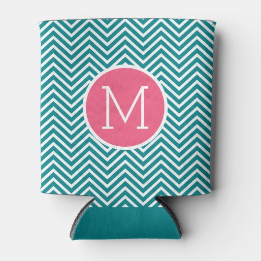 Girly Chevron Pattern met monogram - Roze Blauwgro Blikjeskoeler (Voorkant)