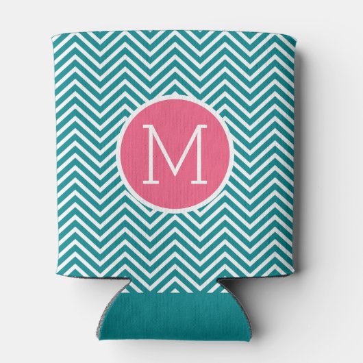 Girly Chevron Pattern met monogram - Roze Blauwgro Blikjeskoeler (Achterkant)