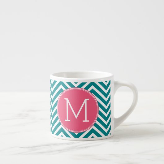 Girly Chevron Pattern met monogram - Roze Blauwgro Espresso Kop (Rechts)