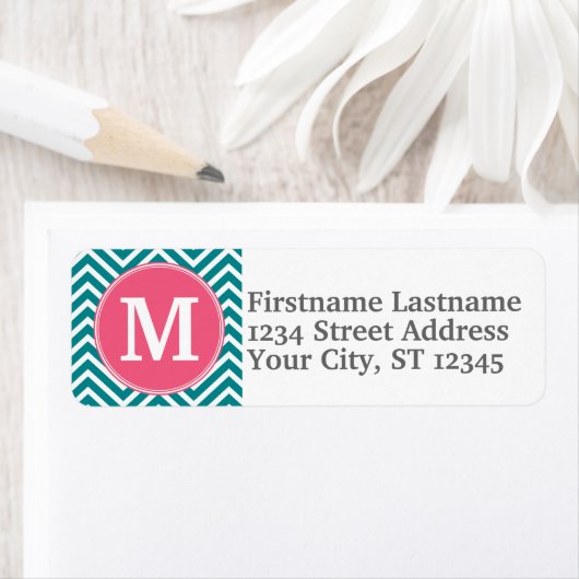 Girly Chevron Pattern met monogram - Roze Blauwgro Etiket (Insitu)