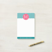 Girly Chevron Pattern met monogram - Roze Blauwgro Post-it® Notes (Op bureau)