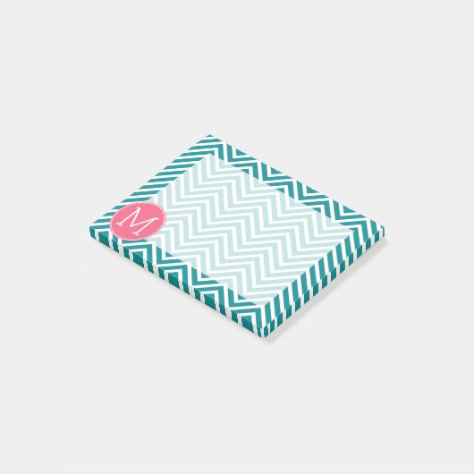 Girly Chevron Pattern met monogram - Roze Blauwgro Post-it® Notes (Schuin)
