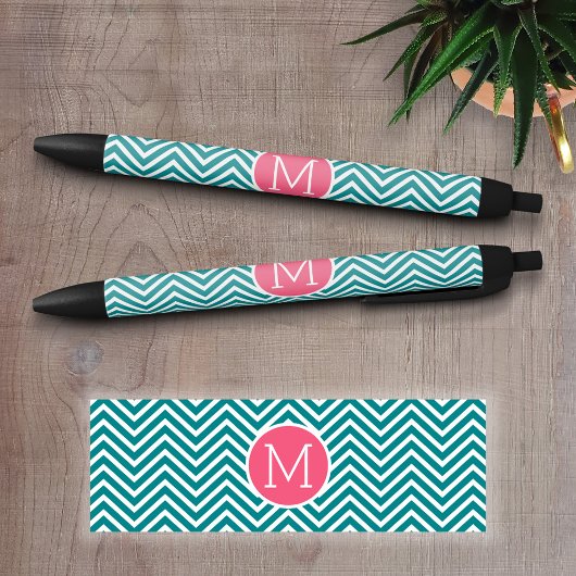 Girly Chevron Pattern met monogram - Roze Blauwgro Zwarte Inkt Pen