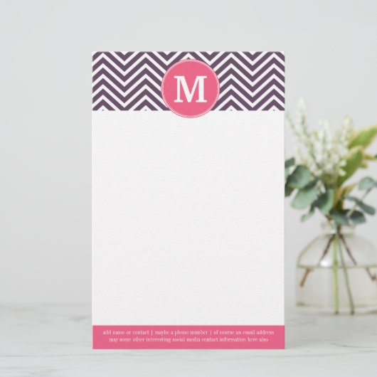 Girly Chevron Pattern met monogram - Roze Paars Briefpapier (Staand voorkant)