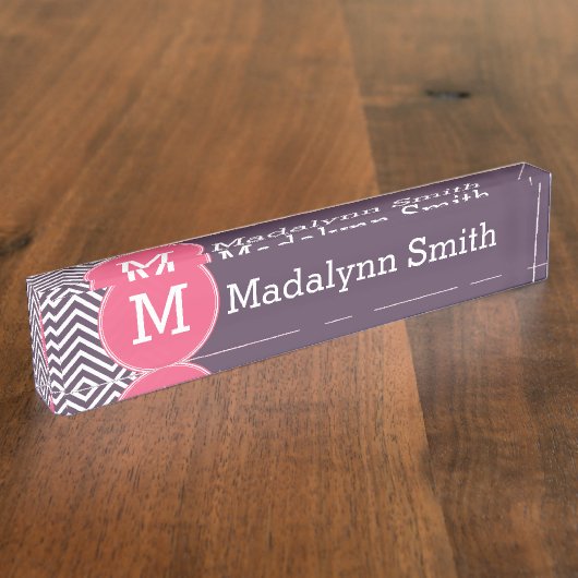 Girly Chevron Pattern met monogram - Roze Paars Naambordje (Zijkant)