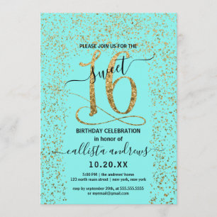 Girly Chic Aqua Gold Confetti Border Sweet 16 Kaart