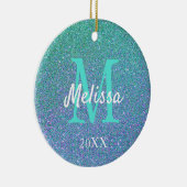 Girly Chic Blauwgroen Blue Glitter Sparkle Monogra Keramisch Ornament (Rechts)
