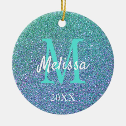Girly Chic Blauwgroen Blue Glitter Sparkle Monogra Keramisch Ornament (Voorkant)