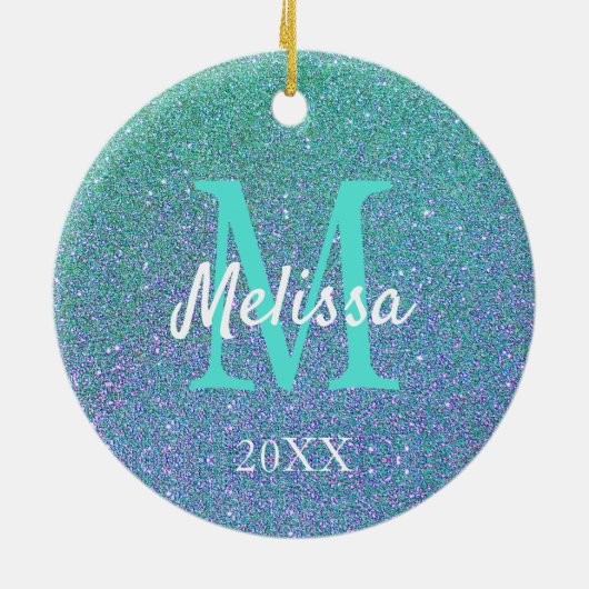 Girly Chic Blauwgroen Blue Glitter Sparkle Monogra Keramisch Ornament (Achterkant)