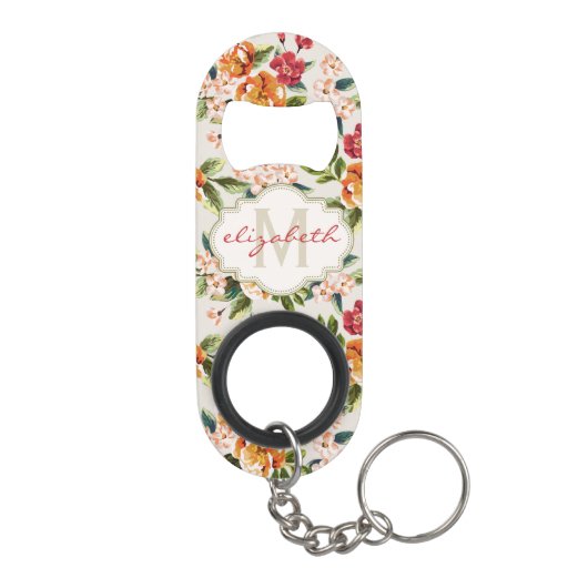 Girly Chic Bloemen Patroon met Monogram Naam Mini Flessenopener (Achterkant)