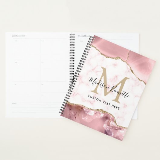 Girly Chic Blush Pink Gold Glitter Agate Monogram Planner (Display)