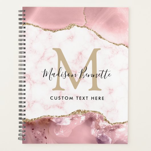 Girly Chic Blush Pink Gold Glitter Agate Monogram Planner (Voorkant)