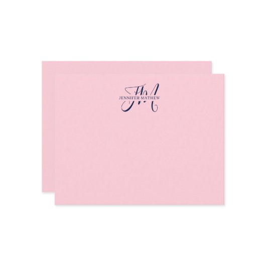 Girly Chic Blush Pink & Navy Blue Script Monogram Notitiekaartje (Voorkant / Achterkant in situ)