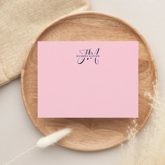 Girly Chic Blush Pink & Navy Blue Script Monogram Notitiekaartje