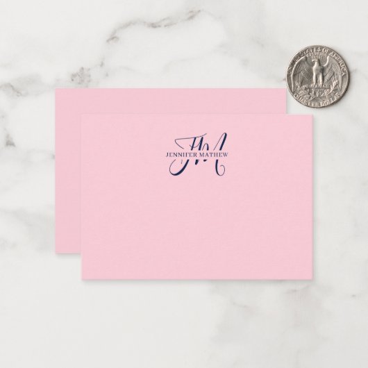 Girly Chic Blush Pink & Navy Blue Script Monogram Notitiekaartje (Voorkant / Achterkant in situ)