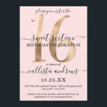 Girly Chic Faux Gold Blush Pink Sweet 16 Kaart<br><div class="desc">Deze elegante, eenvoudige, minimalistische en chique Sweet Sixteen verjaardagsfeestje uitnodiging is perfect voor uw jonge tienermeisje. Het beschikt over een faux bedrukte weelderige en luxe gouden nummer, "16" op de top van een girly blush roze achtergrond met gratis zwarte cursieve en serif lettertypen. Het is uniek, modern, cool en trendy,...</div>