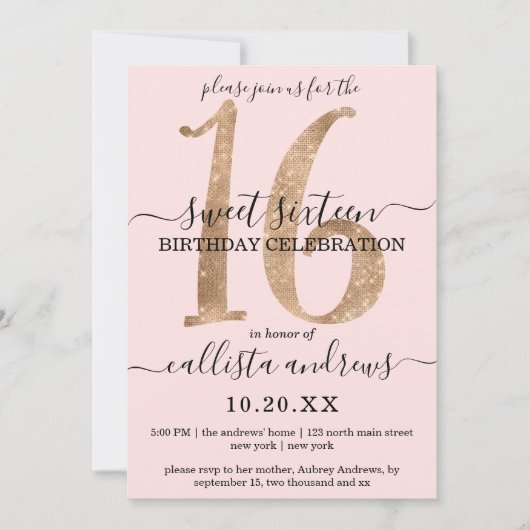 Girly Chic Faux Gold Glitter Blush Pink Sweet 16 Kaart (Voorkant)