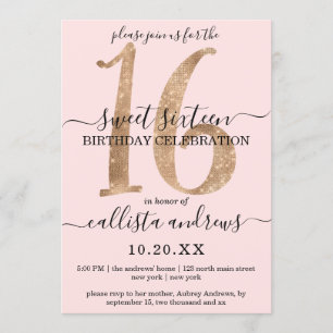 Girly Chic Faux Gold Glitter Blush Pink Sweet 16 Kaart