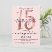Girly Chic Faux Roos Gold Blush Pink Quinceañera Kaart (Staand voorkant)