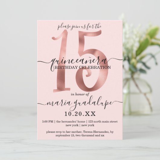 Girly Chic Faux Roos Gold Blush Pink Quinceañera Kaart (Staand voorkant)