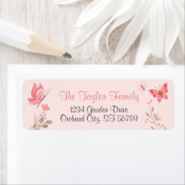 Girly Chic Floral Pink Butterflies Return Mailing Etiket