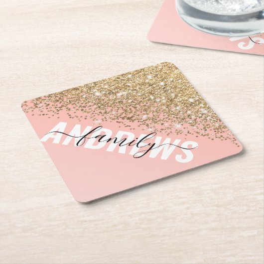 Girly Chic Gold Confetti Pink Gradient Monogram Kartonnen Onderzetters (Schuin)