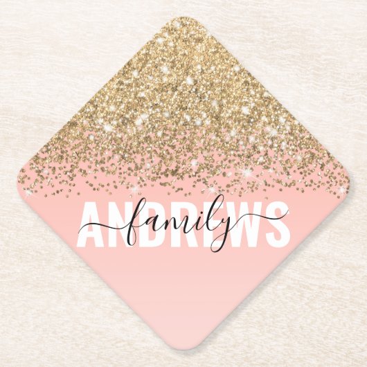 Girly Chic Gold Confetti Pink Gradient Monogram Kartonnen Onderzetters (Voorkant)