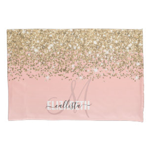 Girly Chic Gold Confetti Pink Gradient Monogram Kussensloop