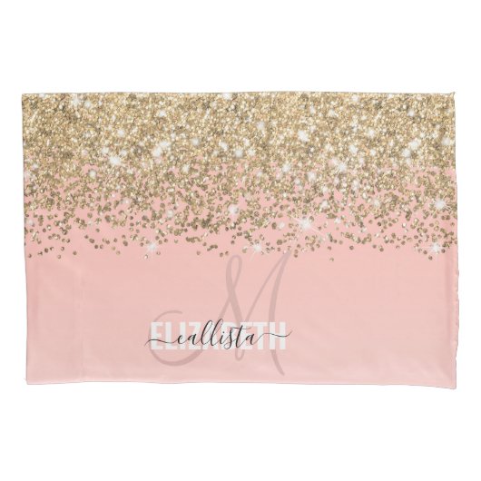 Girly Chic Gold Confetti Pink Gradient Monogram Kussensloop (Voorkant)