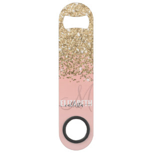 Girly Chic Gold Confetti Pink Gradient Monogram Speed Flessenopener