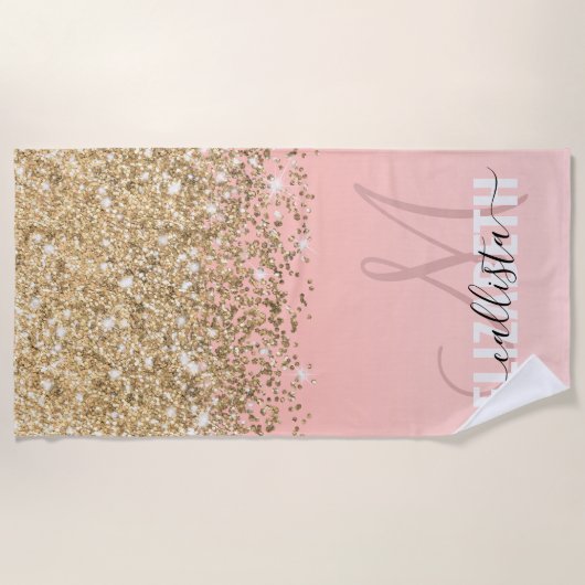 Girly Chic Gold Confetti Pink Gradient Monogram Strandlaken (Voorkant)