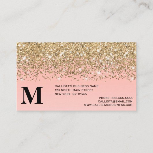 Girly Chic Gold Confetti Pink Gradient Monogram Visitekaartje (Achterkant)