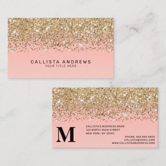 Girly Chic Gold Confetti Pink Gradient Monogram Visitekaartje (Voorkant / Achterkant)